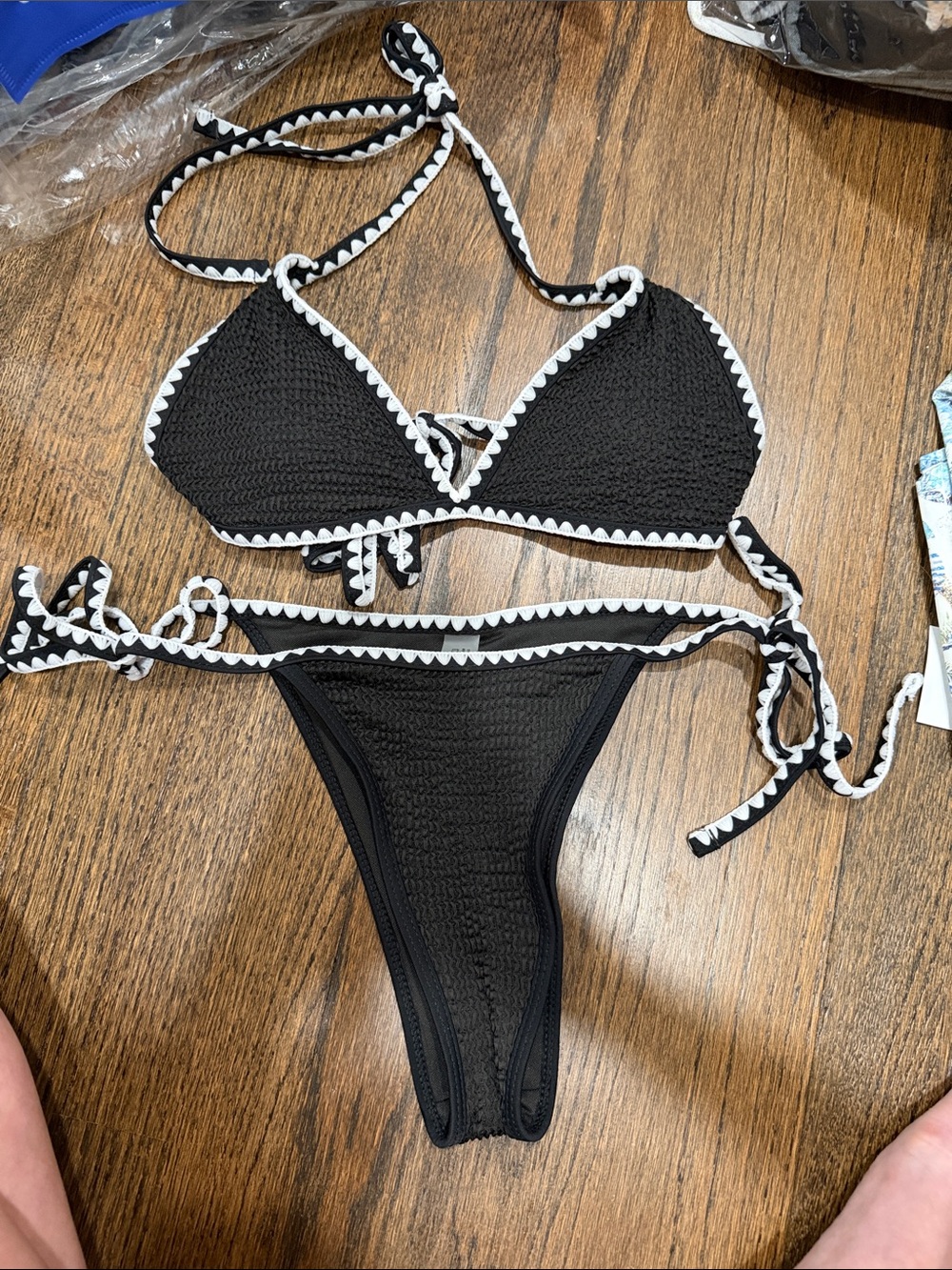 Black Crochet Trim Triangle Bikini - Women's Swim